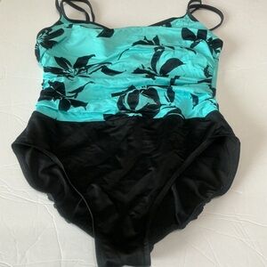 Trimshaper black and blue floral tummy control swimsuit size 14